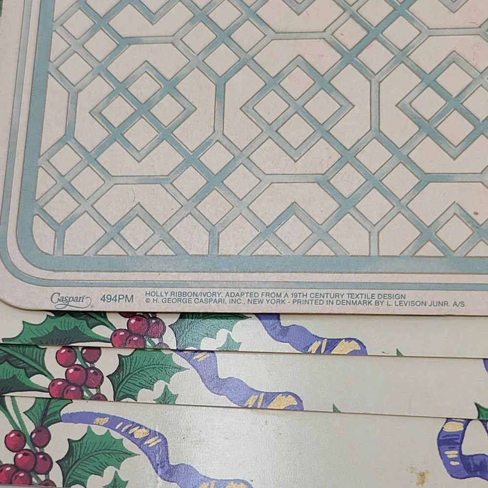 VALUE BUNDLE: 7 Vtg Caspari Holly Ribbon Christmas Laminated Placemats 16